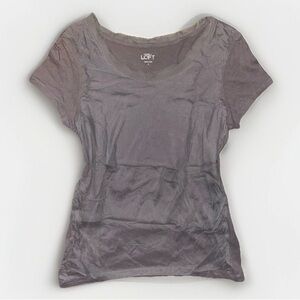 NWT LOFT Women’s Gray Cotton Scoop Neck Cap Sleeve Ruche Top w/Mesh Overlay | L